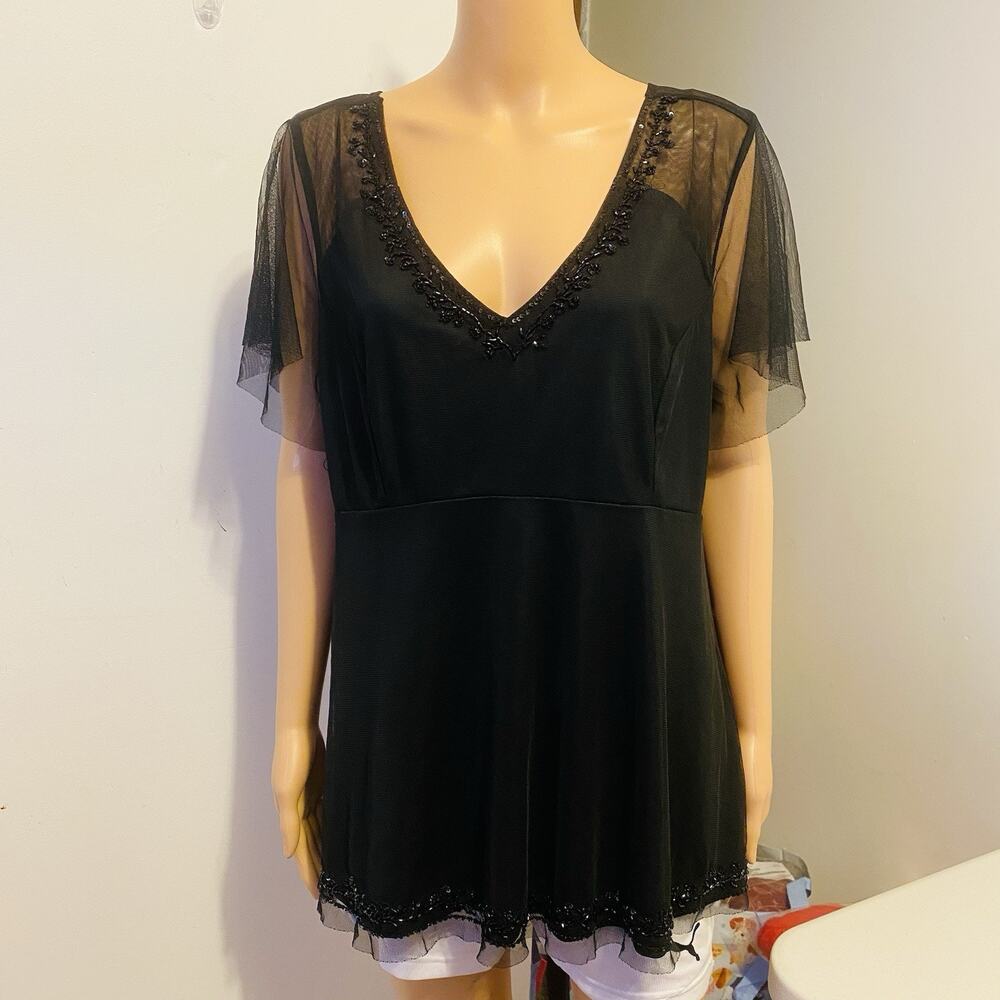 Torrid Women 1X Black Mesh OverLay Sequins ShortSleeve Blouse Coquette DarkFairy - Picture 5 of 9